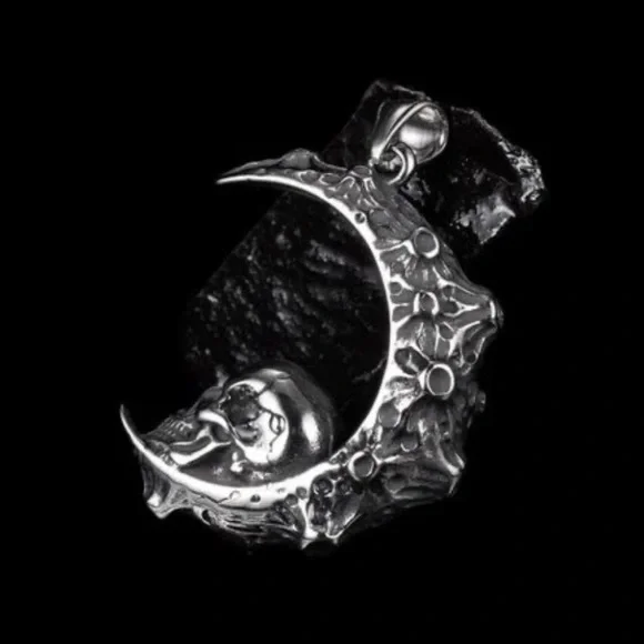 “Skull on the Moon” Regolith Lunar Crater Crescent Celestial Goth Steel Necklace - Picture 13 of 16